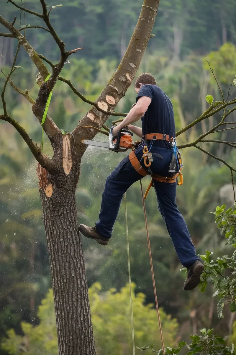 Arborysta w koronie drzewa podczas wycinki